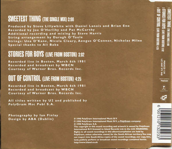 U2 Sweetest Thing CD Single South African Release [msr] VG