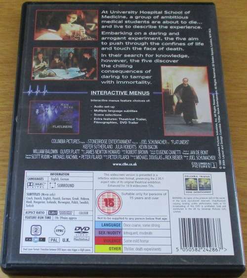 CULT FILM: FLATLINERS Keifer Sutherland Julia Roberts Kevin Bacon  [DVD BOX 8]