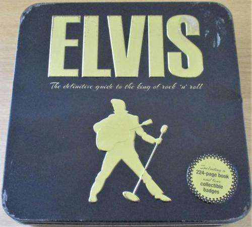 ELVIS The Definitive Guide to the King of Rock n Roll 224 page BOOK + 4 BADGES METAL TIN BOX SET