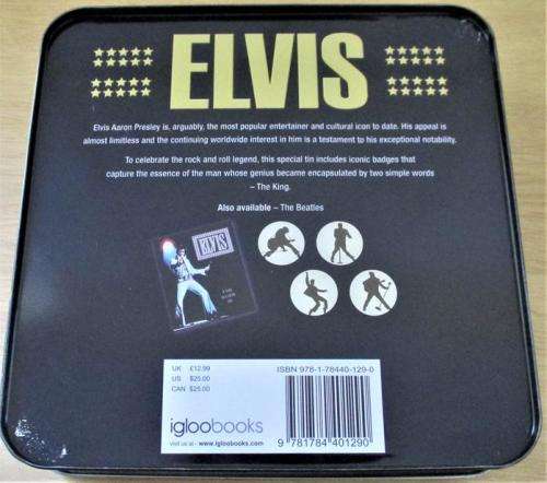 ELVIS The Definitive Guide to the King of Rock n Roll 224 page BOOK + 4 BADGES METAL TIN BOX SET