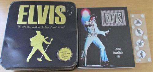 ELVIS The Definitive Guide to the King of Rock n Roll 224 page BOOK + 4 BADGES METAL TIN BOX SET