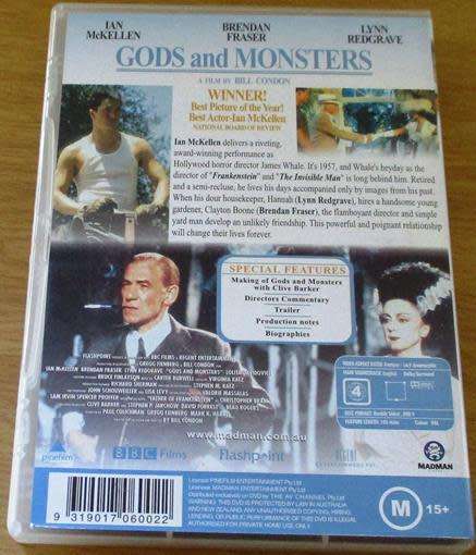 CULT FILM: GODS AND MONSTERS DVD Brendan Fraser [BBOX 12]