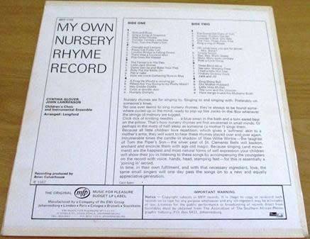 MY OWN NURSERY RHYME RECORD Sung by Cynthia Glover John Lawrenson LP VINYL record [H]