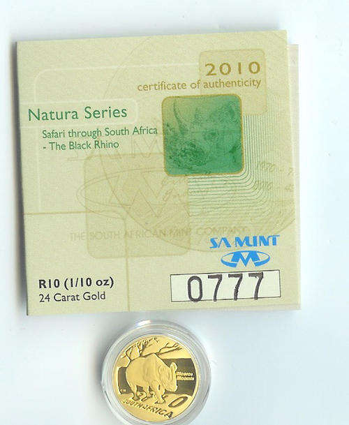2010 GOLD PROOF NATURA BLACK RHINO 1/10th GOLD -  SA MINT BOX with COA