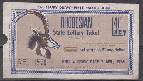 Rhodesian Lottery ticket, April 1976 Draw (it did not win!)