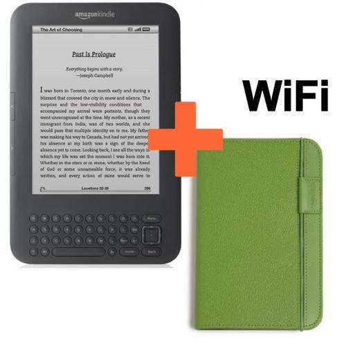 Amazon Kindle e-Reader + Genuine Leather Cover Case + Light