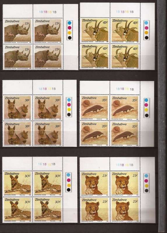 ZIMBABWE - ENDANGERED SPECIES - SET OF 6 IN MNH CONTROL BLOCKS OF 4