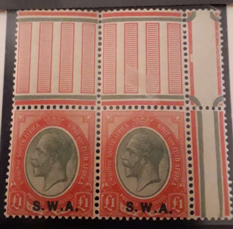 1927 S. W. A - 1 Pound Kings Head over stamp MNH corner positional pair