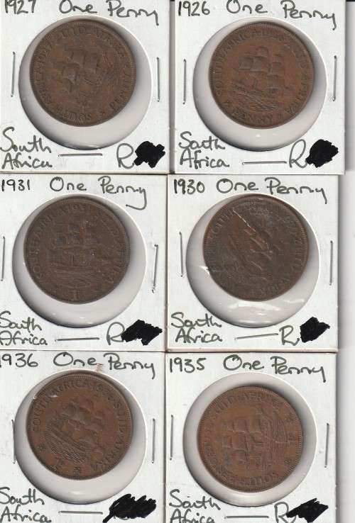 Nice lot of 6 SA pennies 1920`s and 1930`s