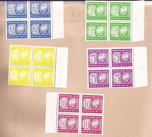 STUNNING COMPLETE RHODESIA POSTAGE DUES IN MARGIN BLOCKS OF 4 MNH -1970