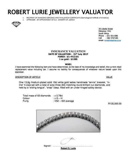 REDUCED!! *Handmade Solid 18 ct White Gold 3.78ct Diamond Tennis Bracelet & Insurance Valuation*
