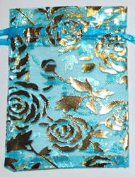 Bright Blue with gold roses organza bags 90mm x 65mm (10pcs)