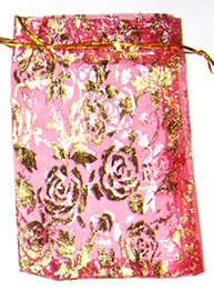 Clearance sale!!  Cerise pink with Gold roses Organza bags 100mm x 140mm (10pcs)