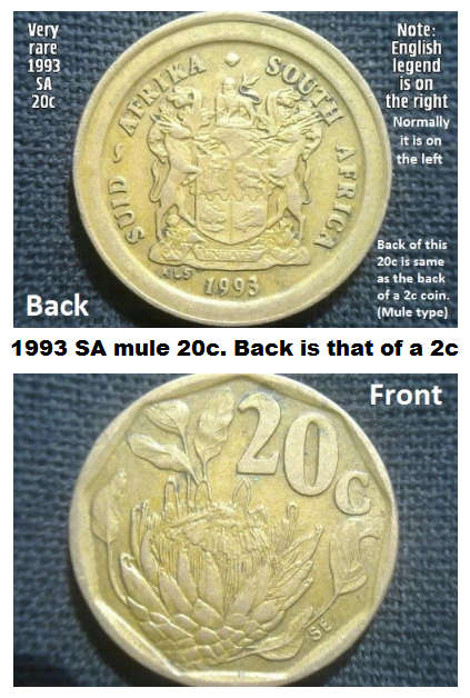 Rare 1993 SA mule 20c. Back is that of a 2c. `South Africa` (in English) at right, should be at left
