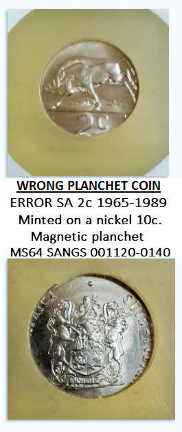 Error SA 2c- minted on a magnetic nickel 10c planchet. Graded MS64. Errors are rare in early coins