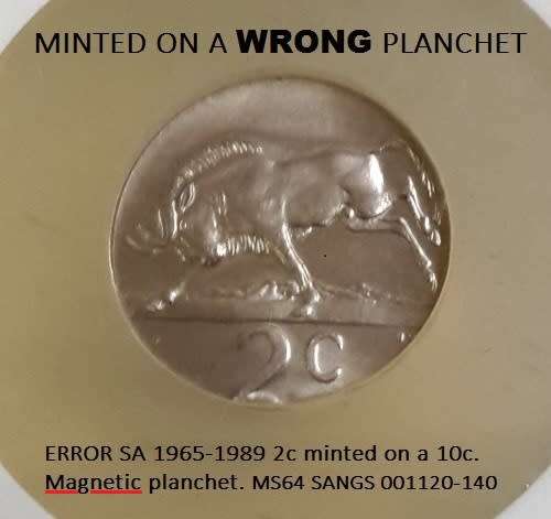 Error SA 2c- minted on a magnetic nickel 10c planchet. Graded MS64. Errors are rare in early coins