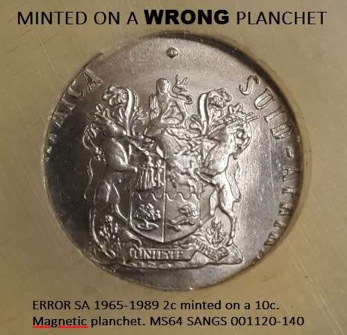 Error SA 2c- minted on a magnetic nickel 10c planchet. Graded MS64. Errors are rare in early coins
