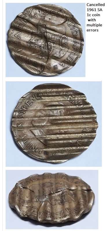 Spectacular 1961 SA 1c coin. Full of errors, and then cancelled. Errors are very rare in early coins