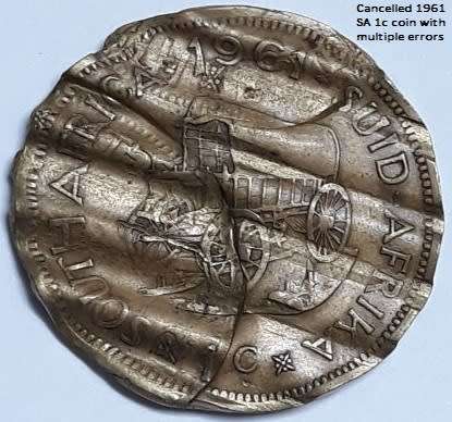 Spectacular 1961 SA 1c coin. Full of errors, and then cancelled. Errors are very rare in early coins