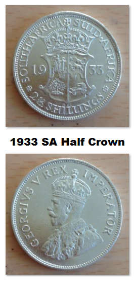 Error 1933 SA Half Crown (2/6). Errors on edge. Very rare date. Great details. Unc R105k. EF R40k.