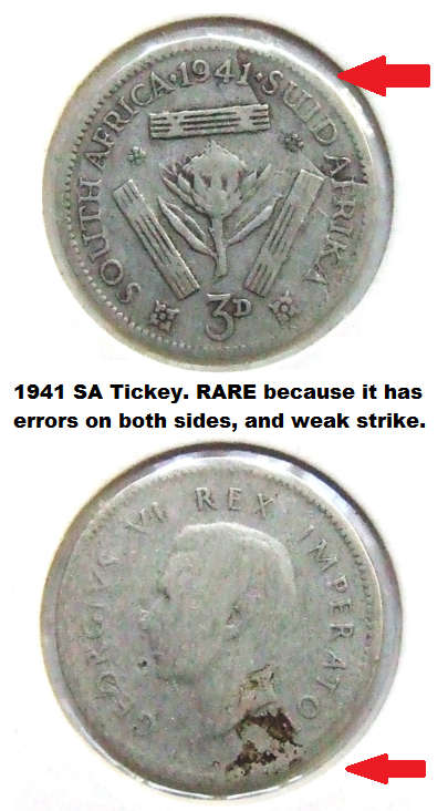 1941 SA tickey / 3d. Rare errors on both sides (planchet flaws), and also is a weak strike.