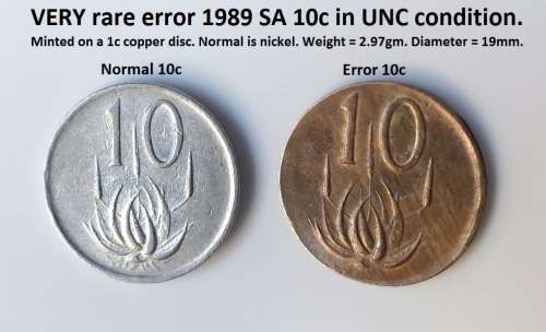 VERY rare ERROR Off Metal Strike.(OMS). 1989 SA 10c minted on a SA 1c copper disc. Normal is nickel.