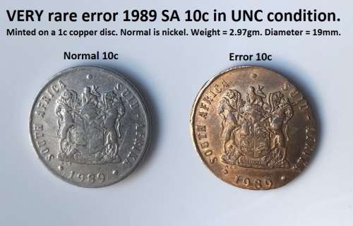 VERY rare ERROR Off Metal Strike.(OMS). 1989 SA 10c minted on a SA 1c copper disc. Normal is nickel.