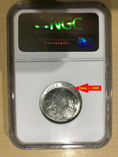 1989 SA 20c NGC MS66. Very rare and curious errors coin. Double stamped flip-over and off centre.