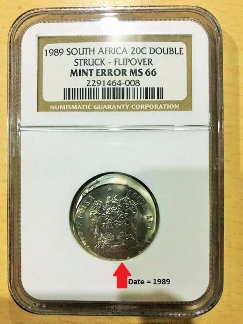 1989 SA 20c NGC MS66. Very rare and curious errors coin. Double stamped flip-over and off centre.