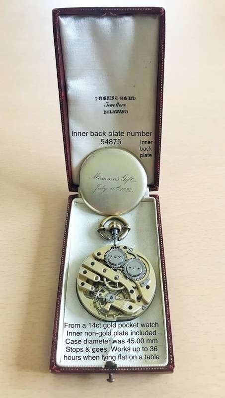 Antique 1882 pocket watch movement, face, inner back cover plate number 54875, and it's box.