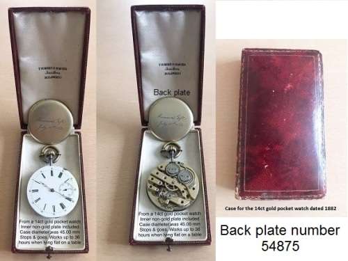 Antique 1882 pocket watch movement, face, inner back cover plate number 54875, and it's box.