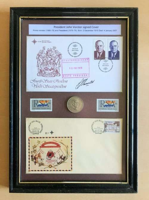 Hand signed items by two previous South African Presidents with Rand coins . Rare & collectible.