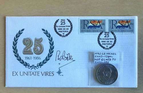 Hand signed items by two previous South African Presidents with Rand coins . Rare & collectible.