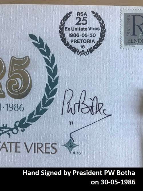 Hand signed items by two previous South African Presidents with Rand coins . Rare & collectible.