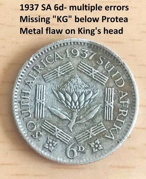 Rare multiple errors 1937 SA silver sixpence.