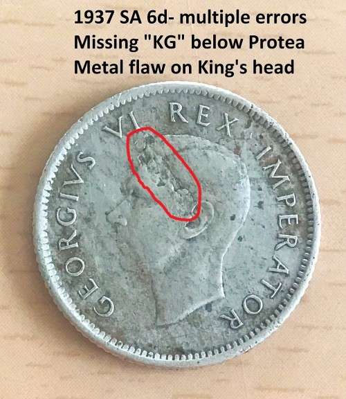 Rare multiple errors 1937 SA silver sixpence.