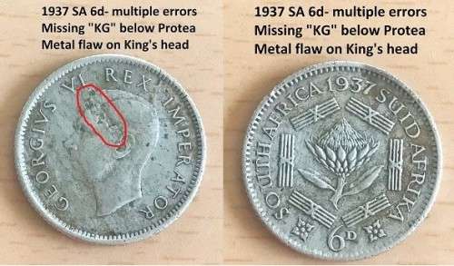 Rare multiple errors 1937 SA silver sixpence.