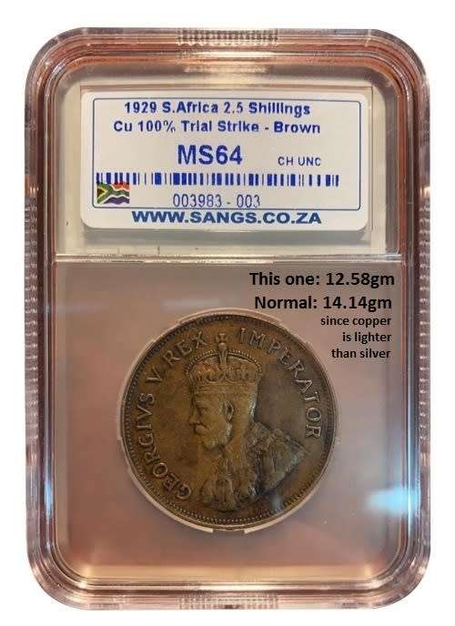1929 South Africa Trial Strike 100% Brown Copper Half Crown. MS64. Normal: 80% silver. 1 of a kind?