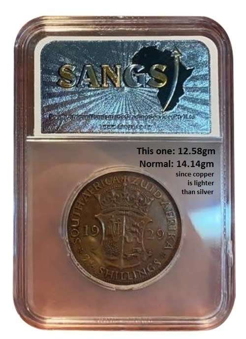 1929 South Africa Trial Strike 100% Brown Copper Half Crown. MS64. Normal: 80% silver. 1 of a kind?