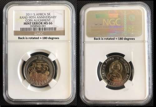 Rare error SA 2011 R5 coin. Back minted upside down- ultra rare in the bi-metal R5 coins. NGC MS66.