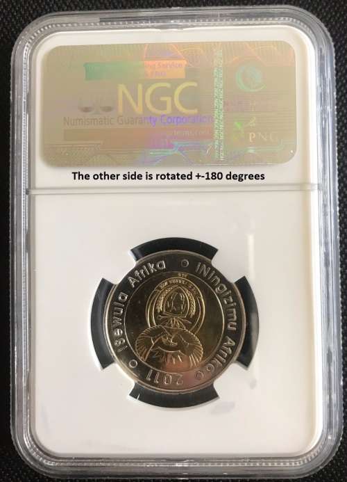 Rare error SA 2011 R5 coin. Back minted upside down- ultra rare in the bi-metal R5 coins. NGC MS66.