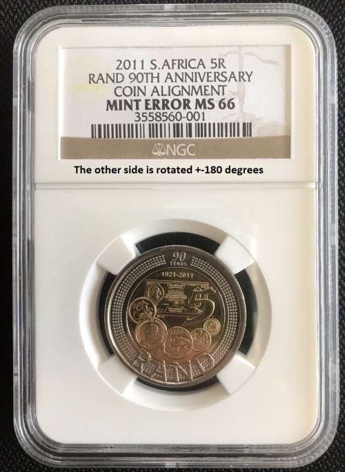 Rare error SA 2011 R5 coin. Back minted upside down- ultra rare in the bi-metal R5 coins. NGC MS66.