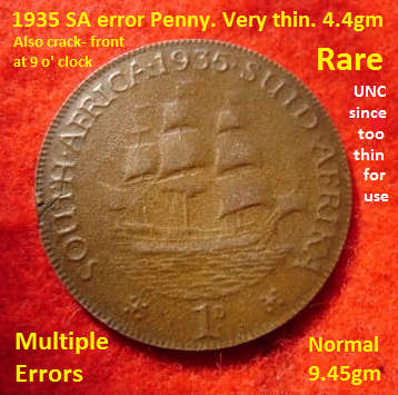 1935 SA 1d. Multiple errors. Very thin and crack at 3 o`clock and half weight.