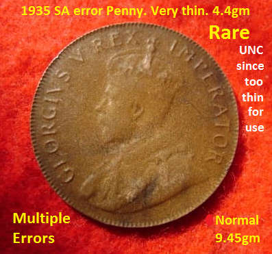 1935 SA 1d. Multiple errors. Very thin and crack at 3 o`clock and half weight.