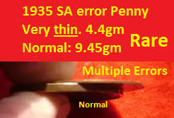 1935 SA 1d. Multiple errors. Very thin and crack at 3 o`clock and half weight.
