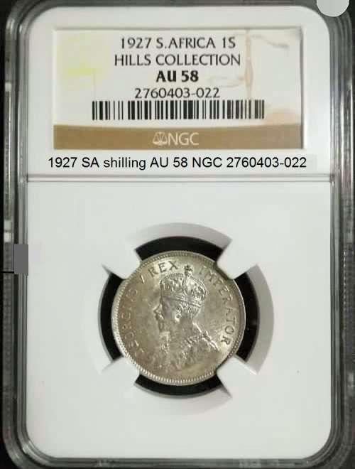 Rare 1927 SA 1 shilling in a truly rare top condition. NGC AU 58. Virtually UNC. Reduced price.