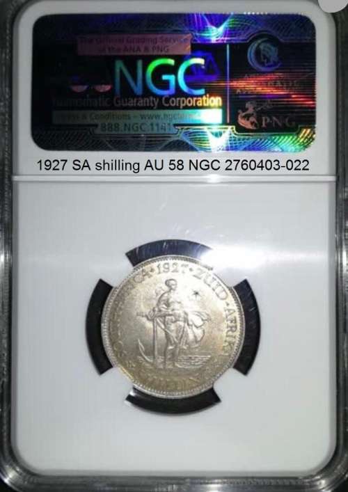 Rare 1927 SA 1 shilling in a truly rare top condition. NGC AU 58. Virtually UNC. Reduced price.