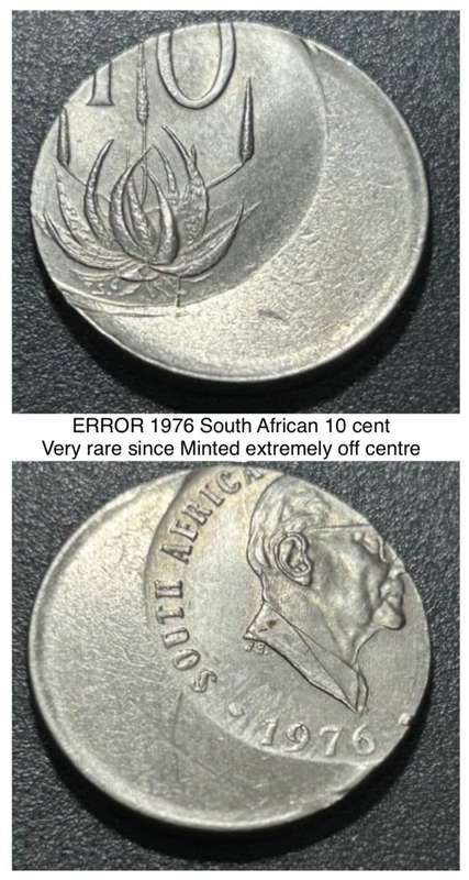 Rare error 1976 South Africa 10 cent coin. minted very much off centre