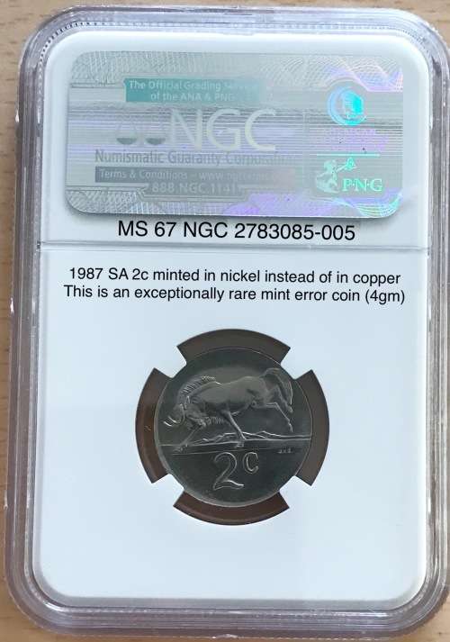 Rare Error 1987 SA 2c. Minted in nickel instead of in copper. MS67 NGC 2783085-005