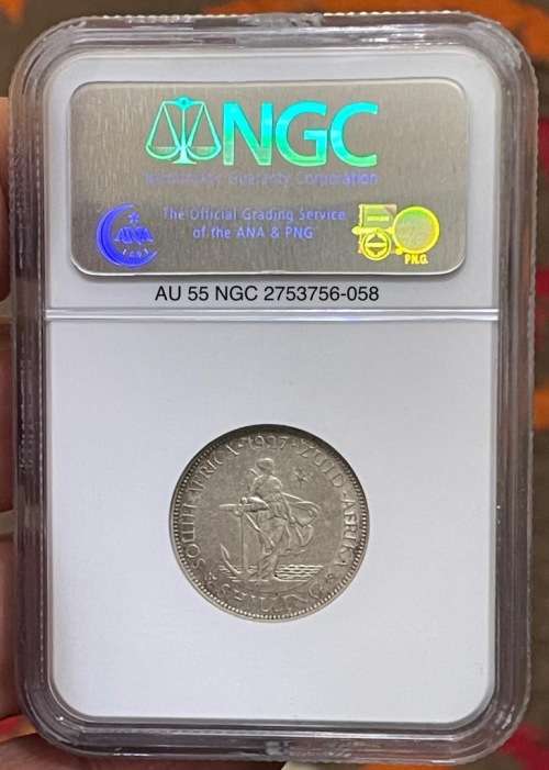 Rare 1927 SA shilling. Top condition AU 55 NGC 2753756-058